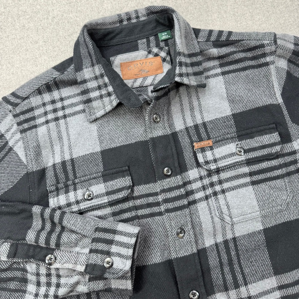 ORVIS Flannel Shirt Jacket Mens Medium Gray Plaid Heavyweight Big Bear Pockets